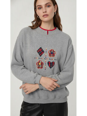Vintage Baxter & Wells Sport Gray Waffle Knit Sweatshirt, Plaid Patches, Size L
